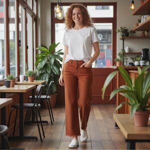 NWT one 5 one Women's High Rise Wide Leg Jeans in Rust Raw Hem Casual Stretch